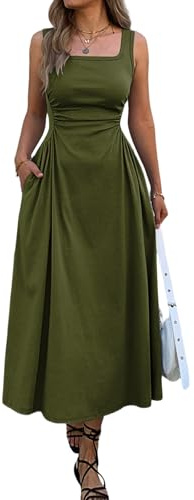 Mieazom Women's Square Neck Sleeveless Slim-Fit Maxi Dress Ruched Waist Corset Flowy Casual Summer Dresses with Pockets Army Green L