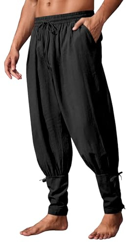 QEKFDOV Medeltida byxor för män, renässans viking piratbyxor, män vintage linnebyxor enfärgade säckig fritidsbyxor cosplay kostym