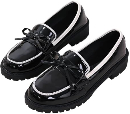 Mocasines de charol para mujer con lazo, plataforma sin cordones, tacón grueso, ortopédicos, antideslizantes, anchos, negro 1, 38 EU