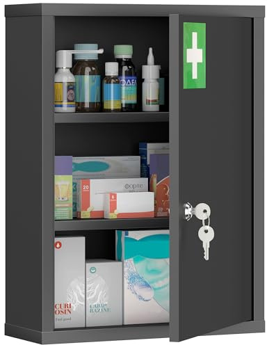 kleankin Medizinschrank, Apothekerschrank mit 3 Fächern, Medikamentenschrank, Abschließbarer Erste Hilfe Schrank mit 2 Schlüsseln, Stahl, Schwarz, 40 x 15 x 53,5 cm