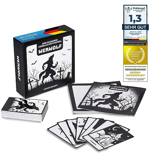 GOODS+GADGETS Original Werwolf Kartenspiel Deluxe Partyspiel mit Erweiterung - Werwölfe Rollenspiel Klassiker - 45 Karten Edition mit 30 verschiedenen Charakteren! DEUTSCHE Version