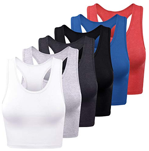FEPITO 6 Pièces Hauts Courts Basiques pour Femmes Débardeurs Sport Coton Haut sans Manches Dos Racer, 6 Couleurs, Taille L/XL
