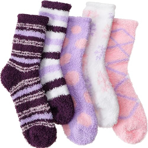 ANTSANG Kuschelsocken für Damen Flauschige Wintersocken Haussocken Warme für Frauen Bettsocken Dick Socken(Lila (5 Paar))
