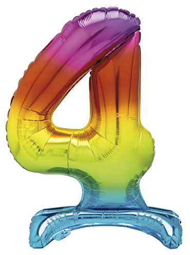 Unique Rainbow Standing Number 4 Foil Balloon 30, Packaged