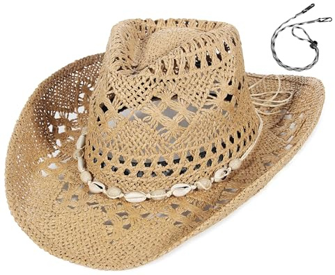 EOZY Men & Women's Summer Cowboy Cowgirl Straw Hat Hollow Out Style Roll Up Brim Beach Sun Hat for Ladies Coffee