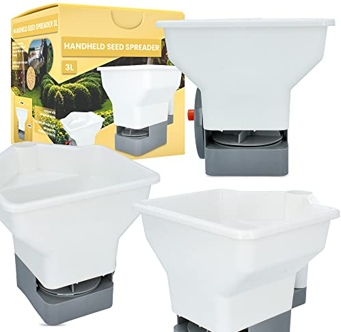 Garten-Hand-Saatstreuer Handbetriebener Saatgutverteiler 3L Universal-Streuer Saatgutstreuer Manuell Tragbarer Saatgut Rasensamen Düngerstreuer Salzstreuwagen Sandstreuer Gras Aussaat Gleichmäßig