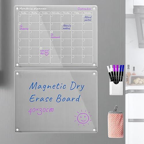 SENSING Pizarra magnética acrílica de borrado en seco y calendario para nevera,juego de 2 calendarios transparentes para refrigerador,planificador reutilizable,incluye 6 marcadores de borrado en seco