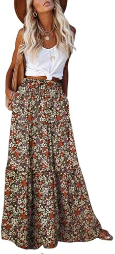 EARKOHA Womens Boho Maxi Skirt 2026 Summer Cruise Casual High Waist Tie Flowy Long Skirt with Pockets for Beach Vacation, Brown Daisy, M