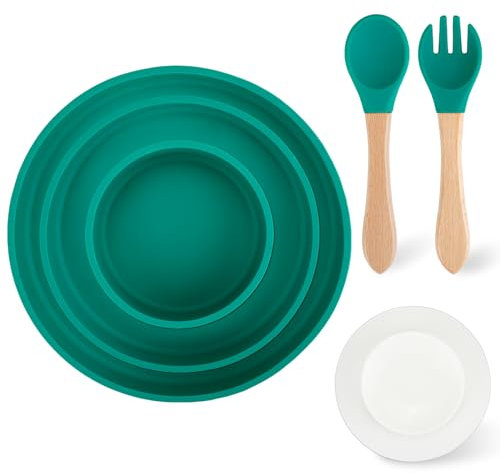Mulaibdin 3 Pcs Toddler Plates, Silicone Baby Plate, Baby Bowls for Weaning, Kids Plates and Bowls Sets with Cutlery, Removable Suction Plate Baby, Baby Feeding Set, BPA-Free(Green)
