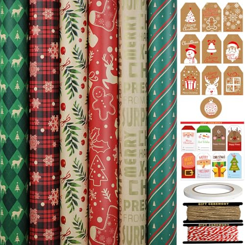 FullJoyHut 6 Rouleaux de Papier Cadeau de Noël 43cm x 3M Chacun - Motif Flocons de Neige, Papier Kraft de Noël avec Étiquette Ficelle et Adhésif pour Emballage Cadeaux de Noël