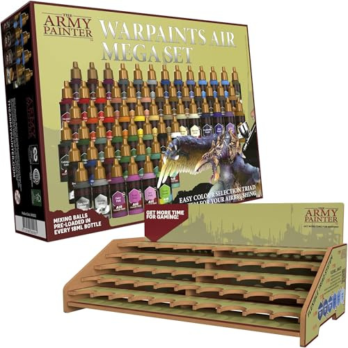 The Army Painter, Warpaints Air Mega Set Combo, 60 x 18ml Peintures Acryliques pour Aérographe, 9 Métalliques, 1 Fluo & 1 Station de Peinture - Peinture Miniature pour DnD & Warhammer