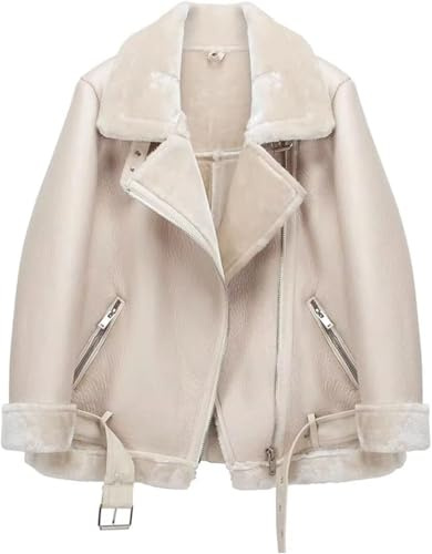 Veste de Moto en Fausse Tonte pour Femme Parka doublée épaisse Manteau en Peau de Mouton retournée d'hiver Veste en Cuir