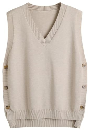 SUNSESS Women Sweater Vest V Neck Sleeveless Pullover Jumper Knit Vest Side Button Asymmetries Ribbed Tank Tops (UK, Alpha, L, Regular, Regular, Standard, Light Khaki)