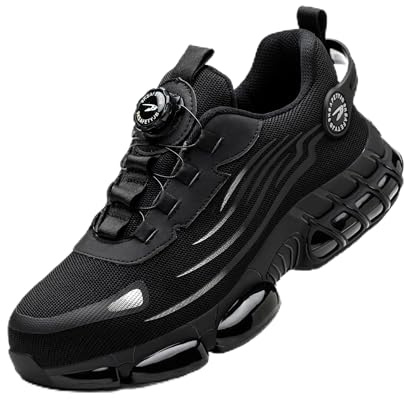 USOR Safety Trainers Mens Womens Steel Toe Cap Trainers Comfortable Lightweight Safety Shoes Swivel Buckle Shoelaces Non Slip Work Sneakers with Air Cushion Black44