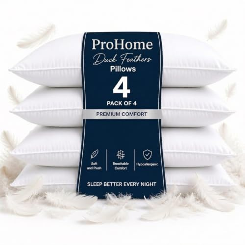 Pro Home 1200GSM Duck Feather & Down Pillows Luxurious Comfort Duck Down Pillow With Cotton Cover Down Pillow Hypoallergenic Hotel Quality Feather Pillows UK Standard Size 48x74cm (Cotton Shell, 4)