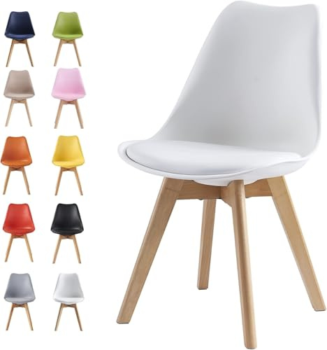 Single Set of 2/4/6 Retro Modern Dining Chairs – Lorenzo Plastic Chairs with Cushioned Pad Seat & Solid Beech Wooden Legs - Side Chair for Living Room Kitchen Office Lounge (White, Single)