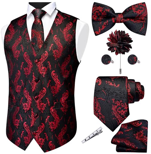 GUSLESON Red Black Vest for Men Tie and Bow Tie Set Formal Waistcoat Paisley Floral Necktie Pocket Square Suit Vests Lapel Pin Wedding Party (0815-09-S)