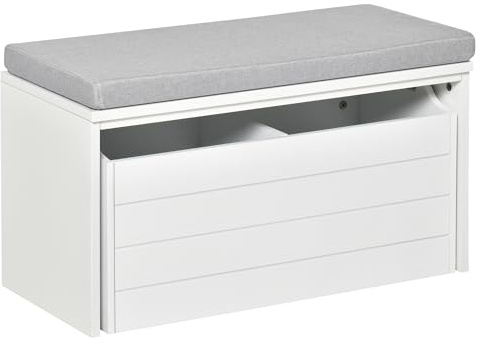 HOMCOM Banc de Rangement avec Coussin Gris Banc à Chaussures Grand tiroir à Double Compartiment Meuble à Chaussures en MDF Blanc