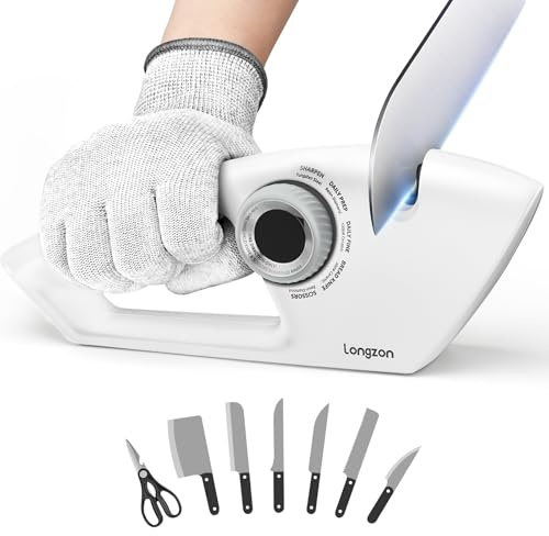 longzon 6-in-1 Knife Sharpener 5 Stage with Cut-Resistant Glove, Manual Kitchen Tool for Straight & Serrated Knives, Quickly Sharpens Restores & Polishes Dull Blades Safe for Home Kitchen, White+Gray