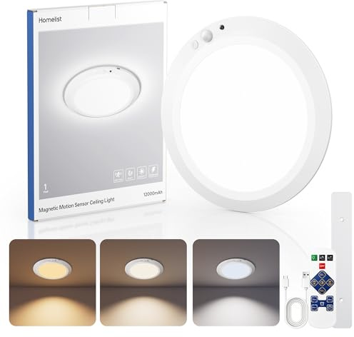 Homelist 12000mAh Magnetic Wireless Motion Sensor Ceiling Light, 1 Pack | Rechargeable LED Ceiling Light, 3 Colours Dimmable Remote Control, Wall Light for Bathrooms Garages Lofts Sheds, Seniors Kids
