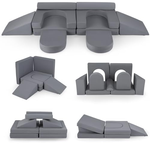 COSTWAY Juego de Bloques de Espuma para Niños de 10 Piezas, Set de Escalada Suave Infantil con Tela de Ante, Fundas Desmontables, Sofá Modular Convertible para para Niños de 3+ Años (Gris)