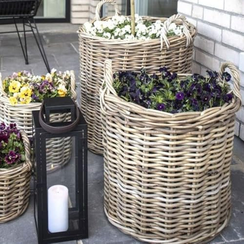 Rattankorb BAKUL rund Grey 50cm Durchmesser mit Griffen Pflanzkorb Inlay Aufbewahrungskorb Korb