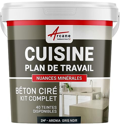 Béton ciré cuisine, plan de travail, crédence, évier, sol et mur, revêtement mural décoratif, kit complet - 2 m² (en 2 couches) Aronia Gris Noir - ARCANE INDUSTRIES