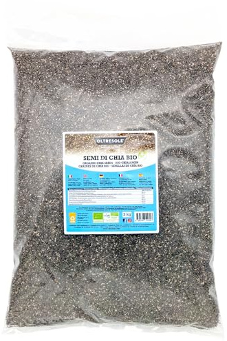 Oltresole, Semi di Chia Biologici 3 Kg, Superfood Ricco di Proteine e Fibre, Senza Additivi, Ideali per Muesli, Insalate e Prodotti da Forno, Formato Convenienza