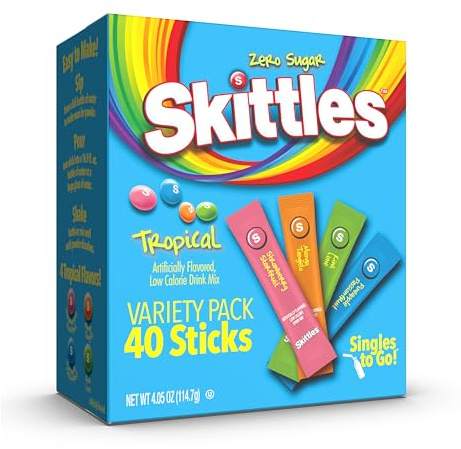 Skittles Singles To Go Tropical Flavour Powdered Drink Blend Contains 4 Flavours Strawberry Starfruit Mango Tango Kiwi Lime Pineapple Passion Fruit Pack of 40