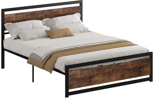 HOMCOM Struttura Letto Matrimoniale 167x208x103cm in Legno e Acciaio, Doghe Integrate e Testiera in Stile Industriale, Nero e Marrone Rustico