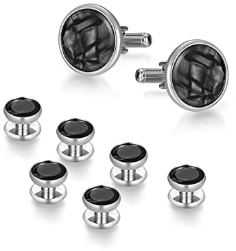 wynameleri Mens Classic Shirts Cufflink Studs, Mother-of-Pearl Tuxedo Shirt Button and Cuff Links Set, Formal Business Wedding Jewelry XDS12 Silver Black