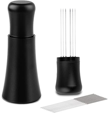 WDT tool, Espresso Distribution tools, 10 x 0.35mm 304 Stainless Steel Needles Installed with 10 Extra needles for Espresso Stirrer Replacement, Aluminum Alloy Handle with Stand (Matte black)