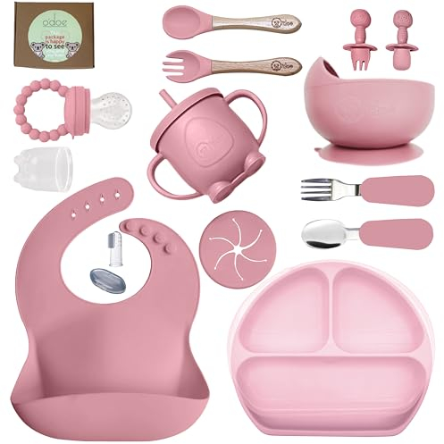 O'doe 17-teilig Baby LED-Entwöhnungszubehör für Kleinkinder, Babyfütterungsset | Saugnapf-Silikon-Babyschale, selbstverzehrende Utensilien mit Löffeln, Tassen, Lätzchen, Essteller-Set mit | Pink, V2