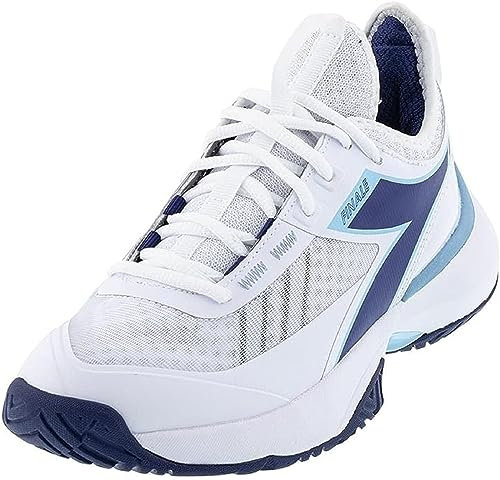 Diadora Women's Finale W AG Breathable Air Mesh Lycra Lining All Ground Tennis Court Shoes, EVA Foam Insole & Rubber Outsole, White/Blue Print, 8.5