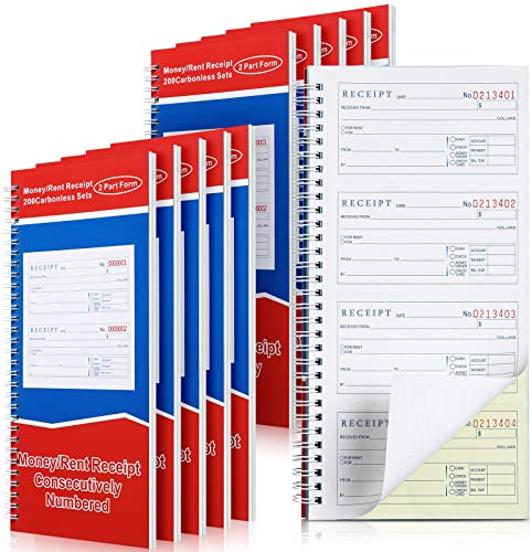 Crtiin 10 Pcs 5-1/4 x 11 Books Money and Rent Receipt Book 2 Part Carbonless Receipt Book with Carbonless Copies Spiral Bound Cover Receipt Log Book 200 Sets Per Book 4 Receipts Per Page