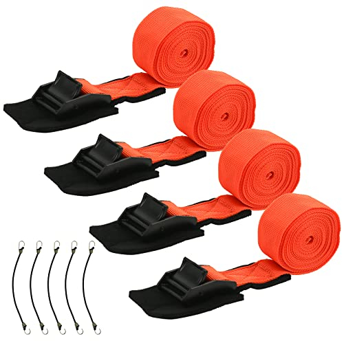 4 cinghie di tensione 3,2 cm x 2,5 m, cinghie di ancoraggio con chiusura a morsetto, portata: 250 kg, set con cinque elastici per portabici, moto, auto (arancione, 3,2 cm x 2,5 m)