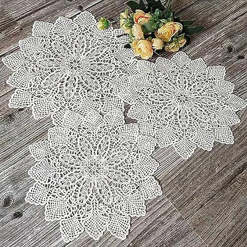 3 PCS Hand-Crocheted Lace Doilies Vintage Embroidery Round Placemats Decorative placemats, lace placemats, white round table accessories for Cup, Drink, Bowl, Pot, Plate