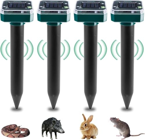 Aicharynic Ahuyentador de Topos Solar, 4 Unidades IP65 Repelente de Animales Solar Repelente de Topo Solar Repelente Ultrasónico de Ratones Ahuyentador de Ratas para Jardin, Anti Animales, Serpientes