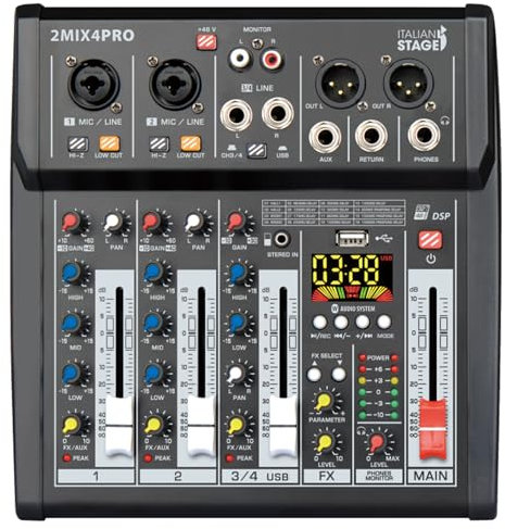 Italian Stage IS 2MIX4PRO - Mixer audio stereo 4 canali + DSP Multi FX, Lettore/registratore USB integrato e Bluetooth, Nero