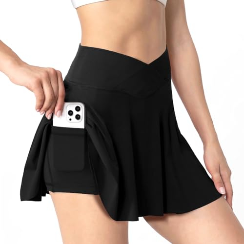 AUYAO Damen Plissiert Tennisrock, Crossover Tennis Rock Skort Mädchen mit Hoher Taille, Schwarzer Activewear Minirock mit Taschen, Sommer Outdoor Sport Übungs Laufrock Skirt(L)