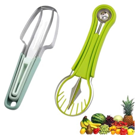 Set da 2 pezzi Affettatrice per Angurie, Affettatrice per Anguria 4 in 1 e 3 in1 Scavino da Cucina, Multifunzionale Strumenti per Intagliare la Frutta in Acciaio Inossidabile per Frutta fai da te