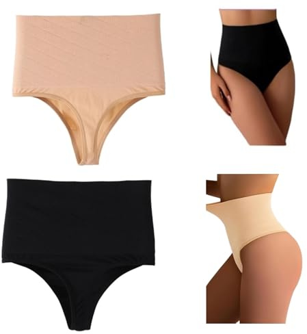QZLSAYSL Womens Full Thongs Full at Tummy，Suck in Tummy Pants-Set of 2 Black + beige- L
