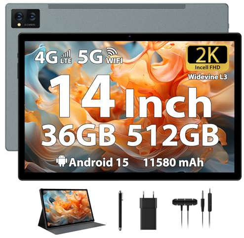 LEVIRTU Android 15 Tablet 14 Pollici 2K FHD, 36GB+512GB/TF 2TB, Octa-Core, 11580mAh, 4-Speaker, 13MP Fotocamera, Grande Tablet con Dual SIM 4G LTE/5G WiFi/GPS/Custodia/Stylu/Auricolare, Grigio