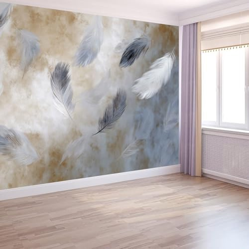 Carta da parati Fotocarta da parati 3D Effetto Vintage Geometrico con Piume, 400 x 280 cm (L x A) Immagine murale Decorazione murale per soggiorno Camera da letto, Beige Carta da parati in tessuto non