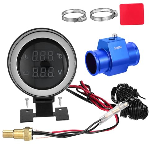 TOKIDNY Manometro Digitale Temperatura Acqua e Voltmetro Auto e Moto Compatto con Display LED Blu Kit Multifunzione per Monitoraggio Motore con Installazione Facile e Adattatore