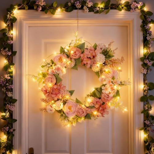 Türkranz Frühling mit LED Licht, 40CM Frühlingskranz Haustür mit Beleuchtung Künstliche Blumen Kranz Beleuchtet Frühlingsdeko Kranz mit Lichterkette Rosa Blumenkranz zum Aufhängen für Deko (B)