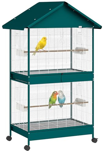 PawHut Grande gabbia per uccelli rotolante, interno/esterno, divisorio rimovibile, 6 alimentatori, 4 posatoi, 2 vassoi, 94 x 70 x 158 cm.