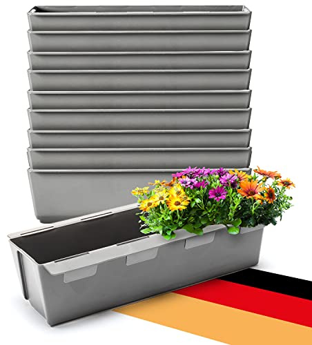 BigDean 10er Set Paletten Blumenkästen - Einsatz - mit Hängesystem zum Einhängen - 37cm Beton-grau - Pflanzkasten für Europalette Balkonkasten Blumentopf - aus recyceltem PP-Kunststoff