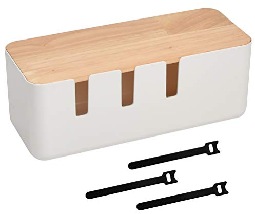Kabelbox Kabelmanagement Box 30.2*12.5*11.5cm Kabel Aufbewahrungsboxen mit Holzdeckel Kabel-Organizer ABS Kunststoff Kabelaufbewahrung mit Gummifüßen Steckdose für Netzkabel mit Klettverschluss