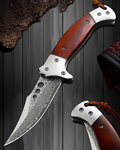 Omesio Couteau de poche Damas couteau pliant Damas, couteau de poche japonais Damas manche en bois Damas pour le camping et la chasse